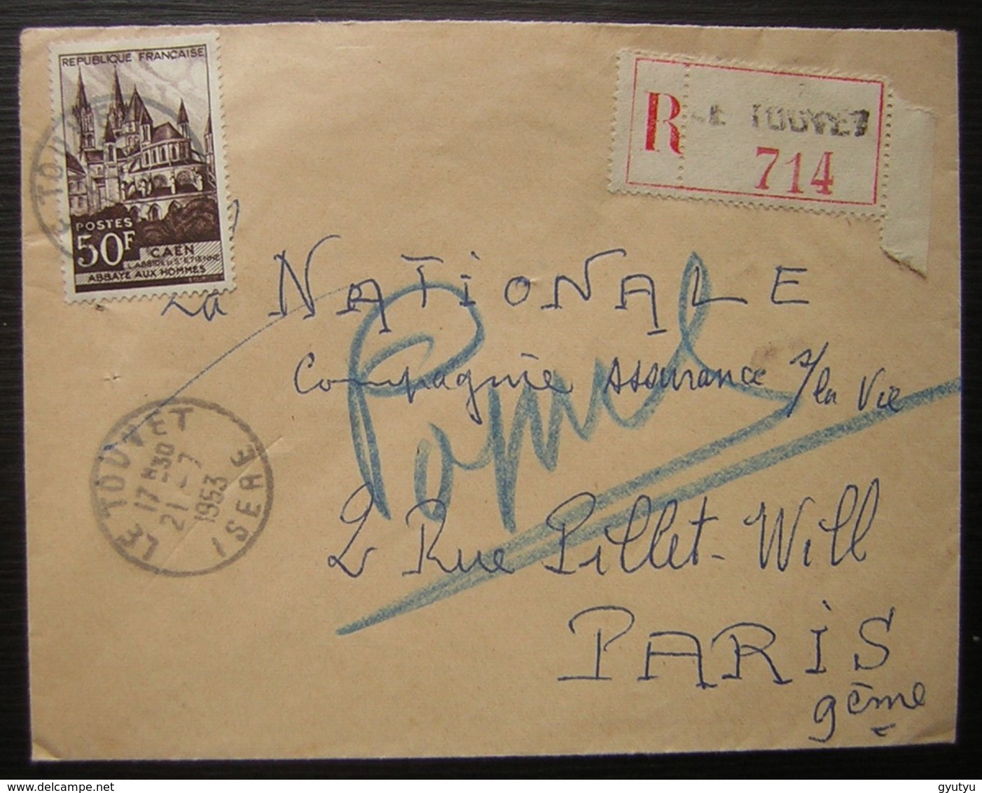 Le Touvet (Isère) 1953 Lettre Recommandée Pour Paris - 1921-1960: Période Moderne