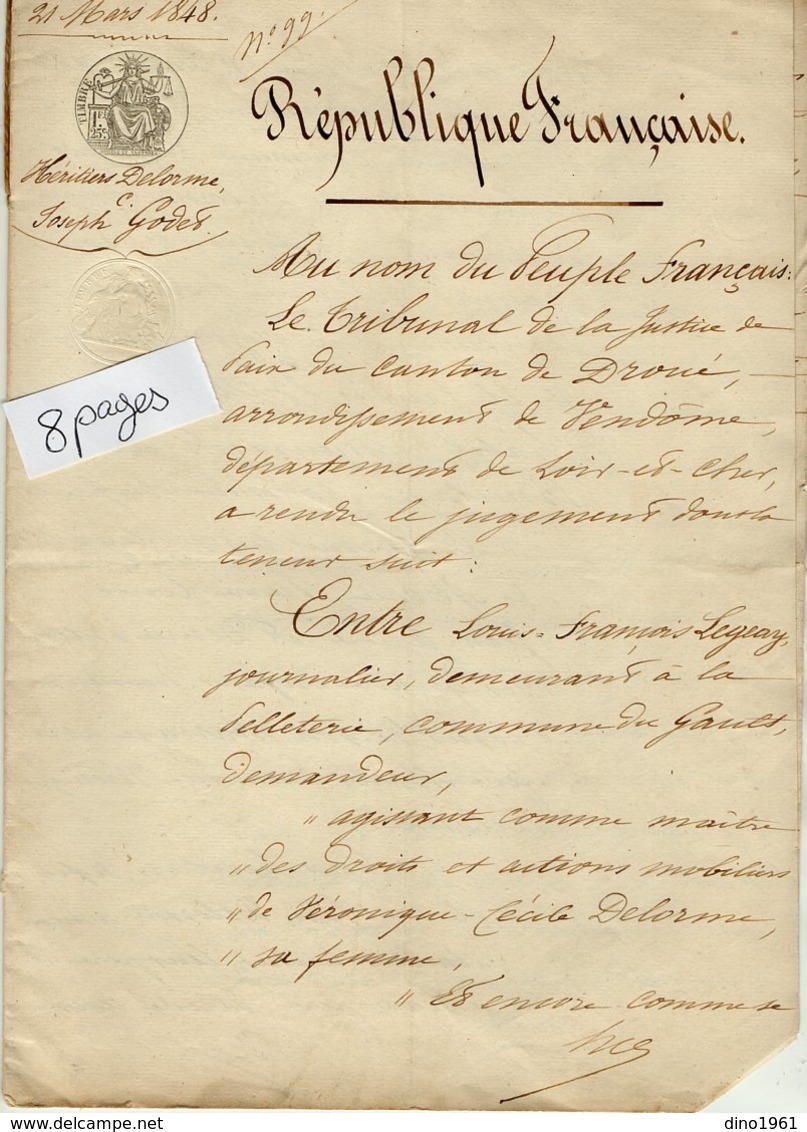 VP13.457 - Tribunal De DROUE - Acte De 1848 - Héritiers DELORME à LE GAULT Contre GODET à LA FONTENELLE - Manuscrits