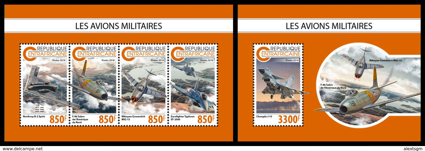 CENTRAL AFRICA 2018 - Military Planes, MiG, M/S + S/S Official Issue - Aviones