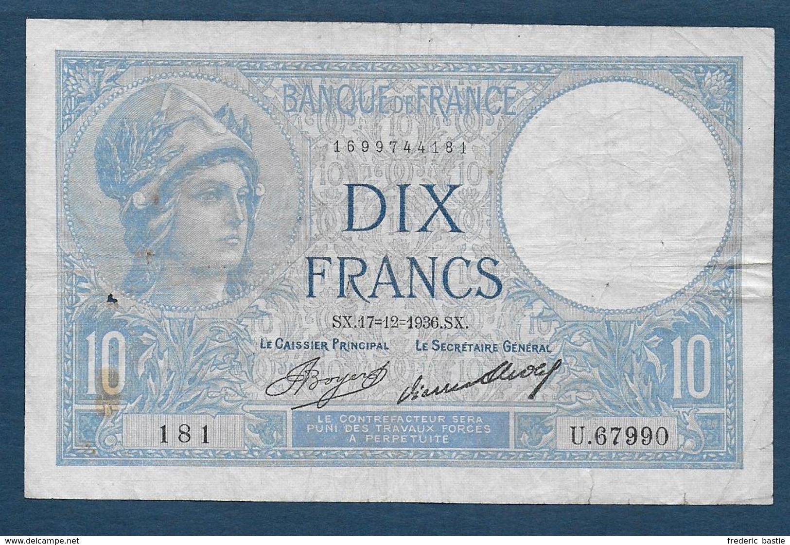 France - 10 F  Minerve Du  17 - 12 - 1936 - 10 F 1916-1942 ''Minerve''