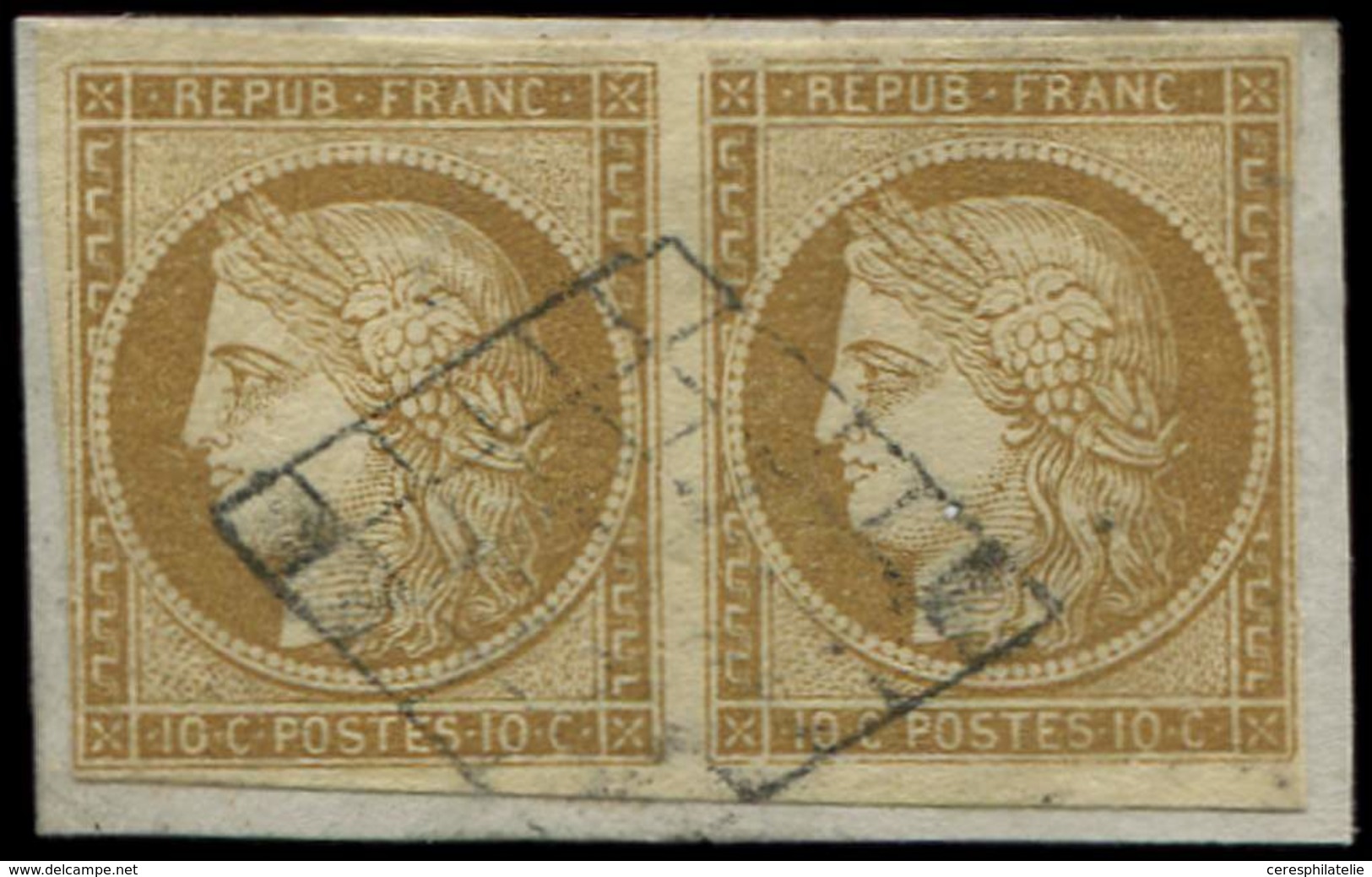 EMISSION DE 1849 - 1    10c. Bistre-jaune, PAIRE, Oblitérée GRILLE Sur Fragment, TB - 1849-1850 Ceres