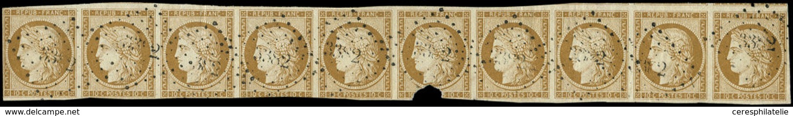 EMISSION DE 1849 - 1    10c. Bistre-jaune, BANDE De 10 Obl. PC 3382 De TOULON, 1er Et 3e T. Au Filet, 4e Et 5e Touchés, - 1849-1850 Ceres
