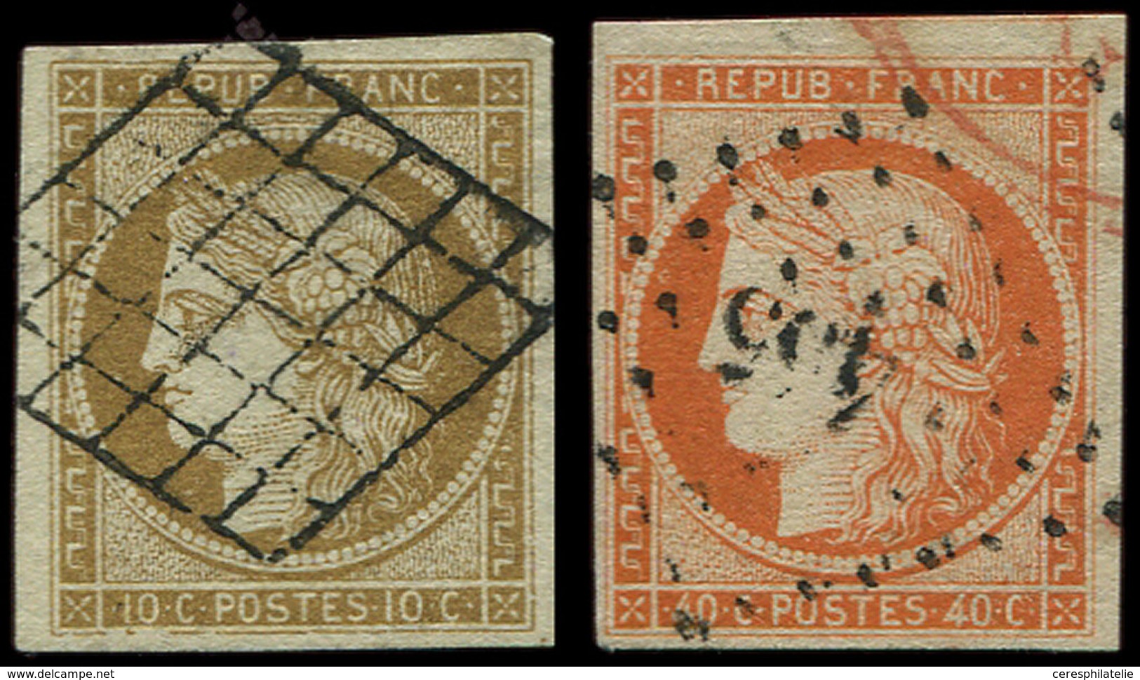 EMISSION DE 1849 - 1 Et 5, 10c. Bistre-jaune Et 40c. Orange Obl. GRILLE Et PC, Exemplaires Choisis, TB - 1849-1850 Cérès