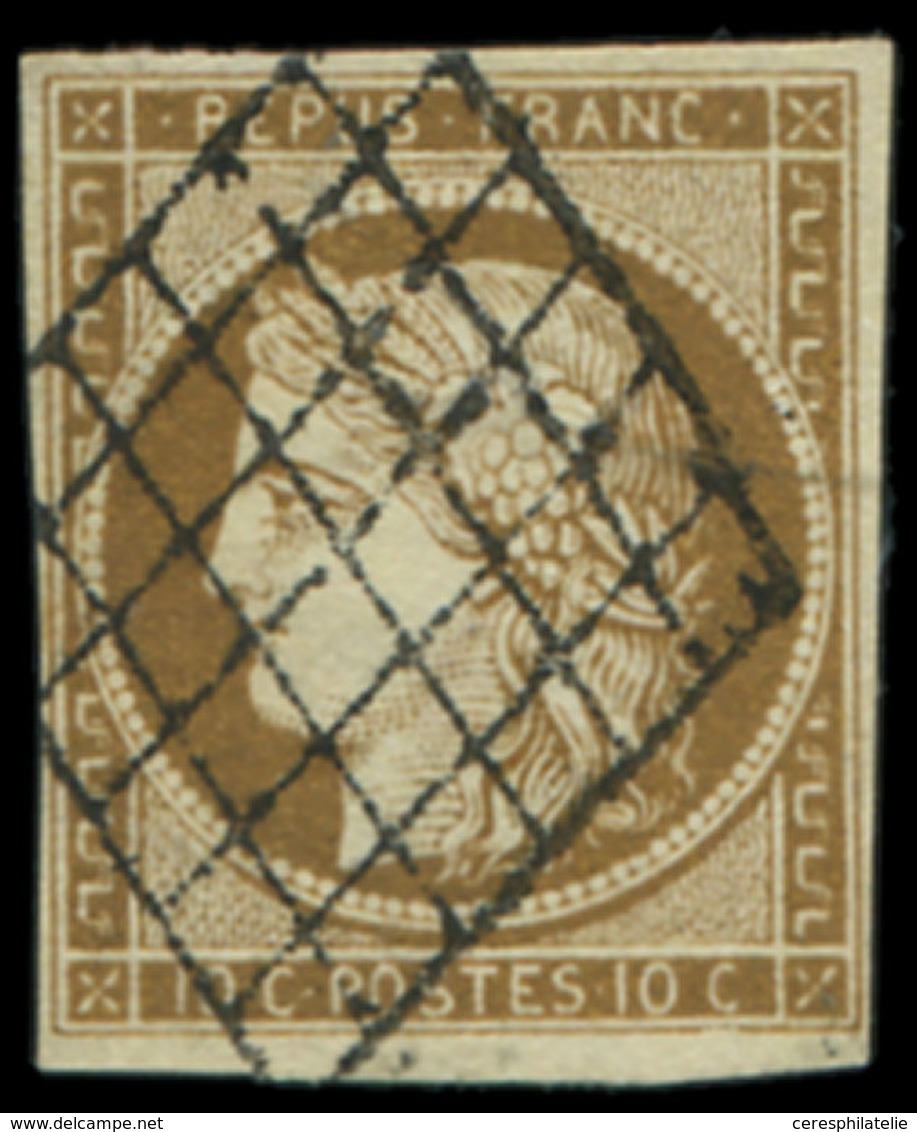 EMISSION DE 1849 - 1c   10c. Bistre-VERDATRE FONCE, Obl. GRILLE, TB - 1849-1850 Cérès