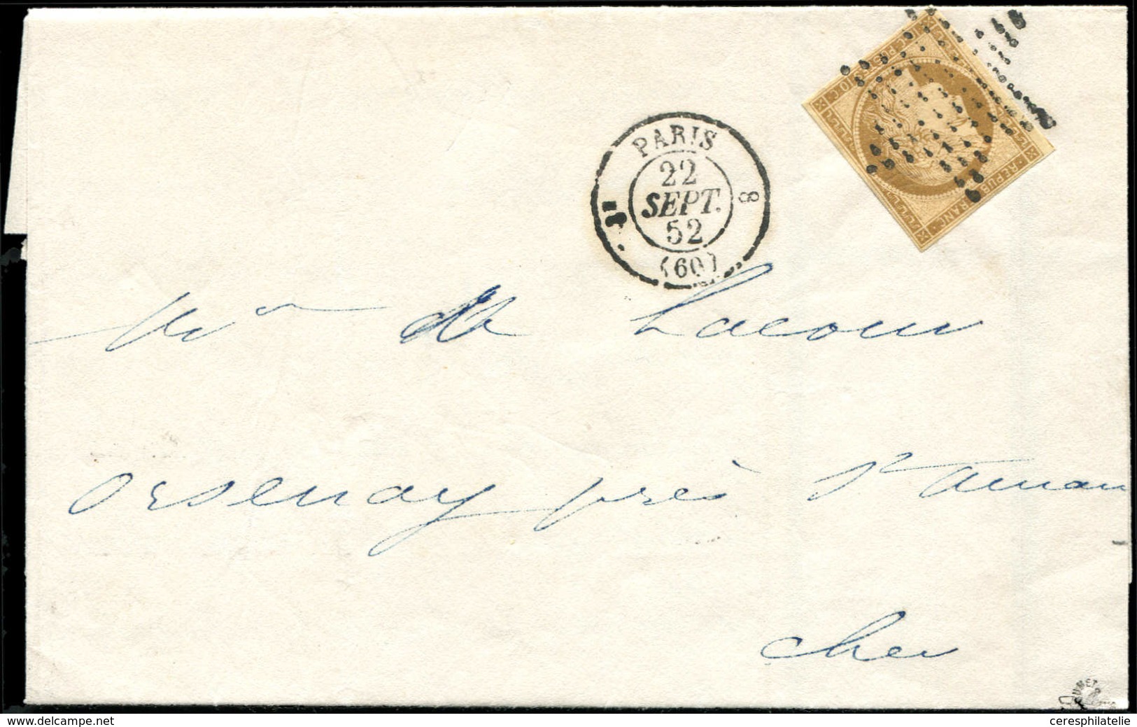 Let EMISSION DE 1849 - 1    10c. Bistre-jaune, Obl. ETOILE S. Faire-part, Càd T1330 8 PARIS 22/9/52, Superbe. J - 1849-1850 Cérès