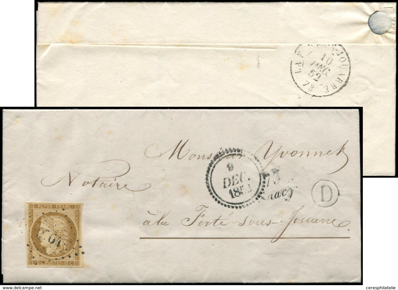 Let EMISSION DE 1849 - 1    10c. Bistre-jaune, Obl. PC 2764 S. LAC, Cursive 73/SAACY, Dateur B 9 DEC 1852, Boite D De PA - 1849-1850 Cérès