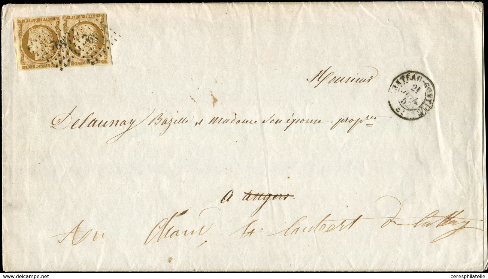 Let EMISSION DE 1849 - 1    10c. Bistre-jaune, PAIRE, Le Long Du Filet En Haut, Obl. PC 768 S. Grand Faire-part, Càd T15 - 1849-1850 Ceres