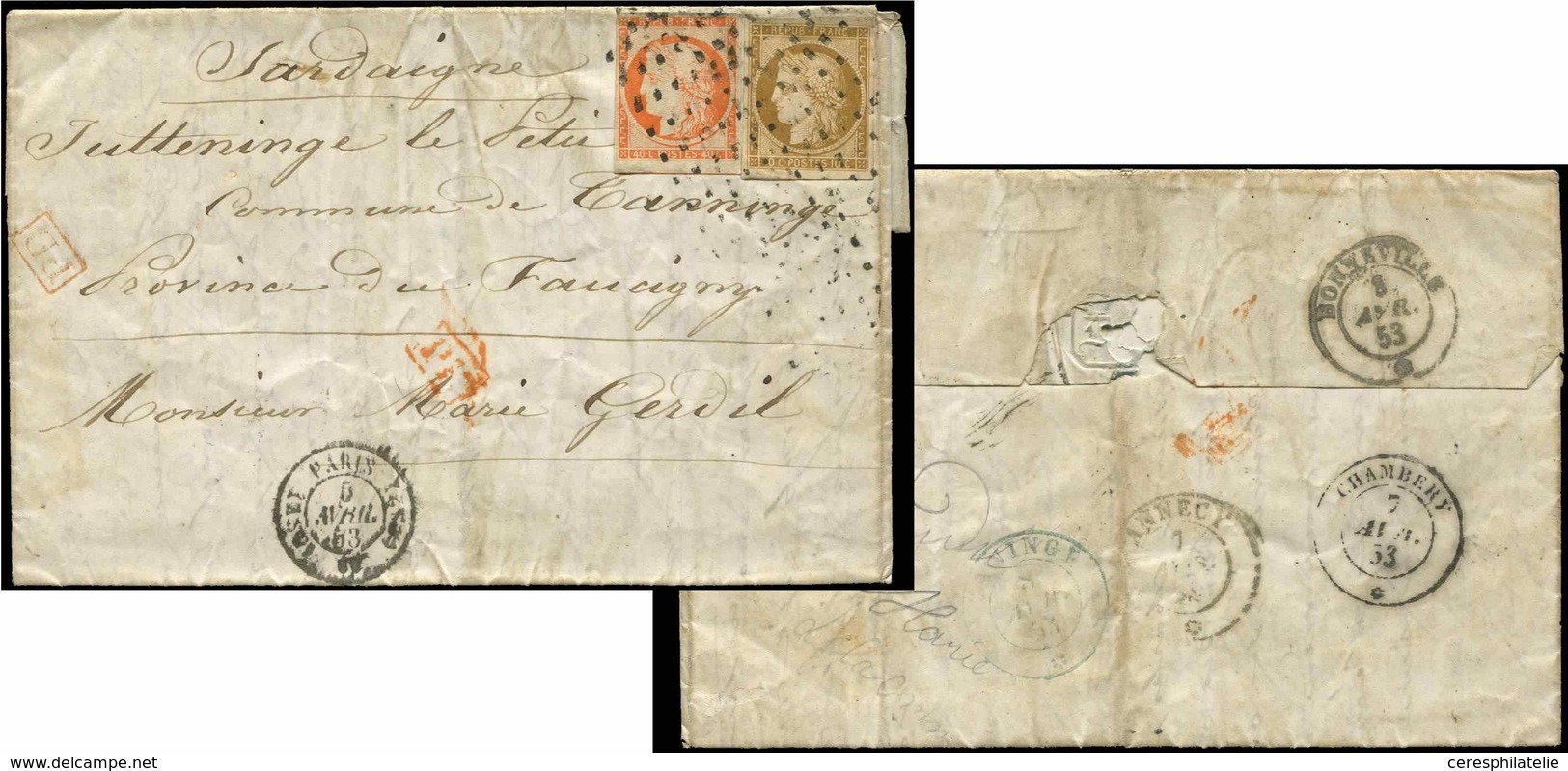 Let EMISSION DE 1849 - 1    10c. Bistre-jaune + N°5 40c. Orange, Filet Touché, Obl. ROULETTE De POINTS S. LAC, Càd PARIS - 1849-1850 Ceres