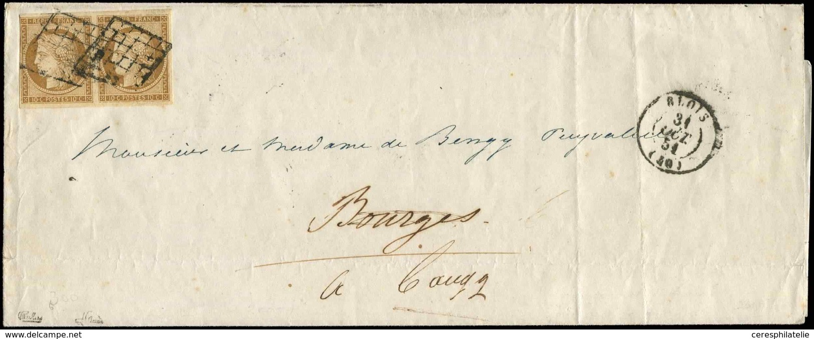 Let EMISSION DE 1849 - 1a   10c. Bistre-brun, PAIRE Effl. En Haut à G., Obl. GRILLE S. LSC, Càd T15 BLOIS 31/10/51, TB.  - 1849-1850 Cérès
