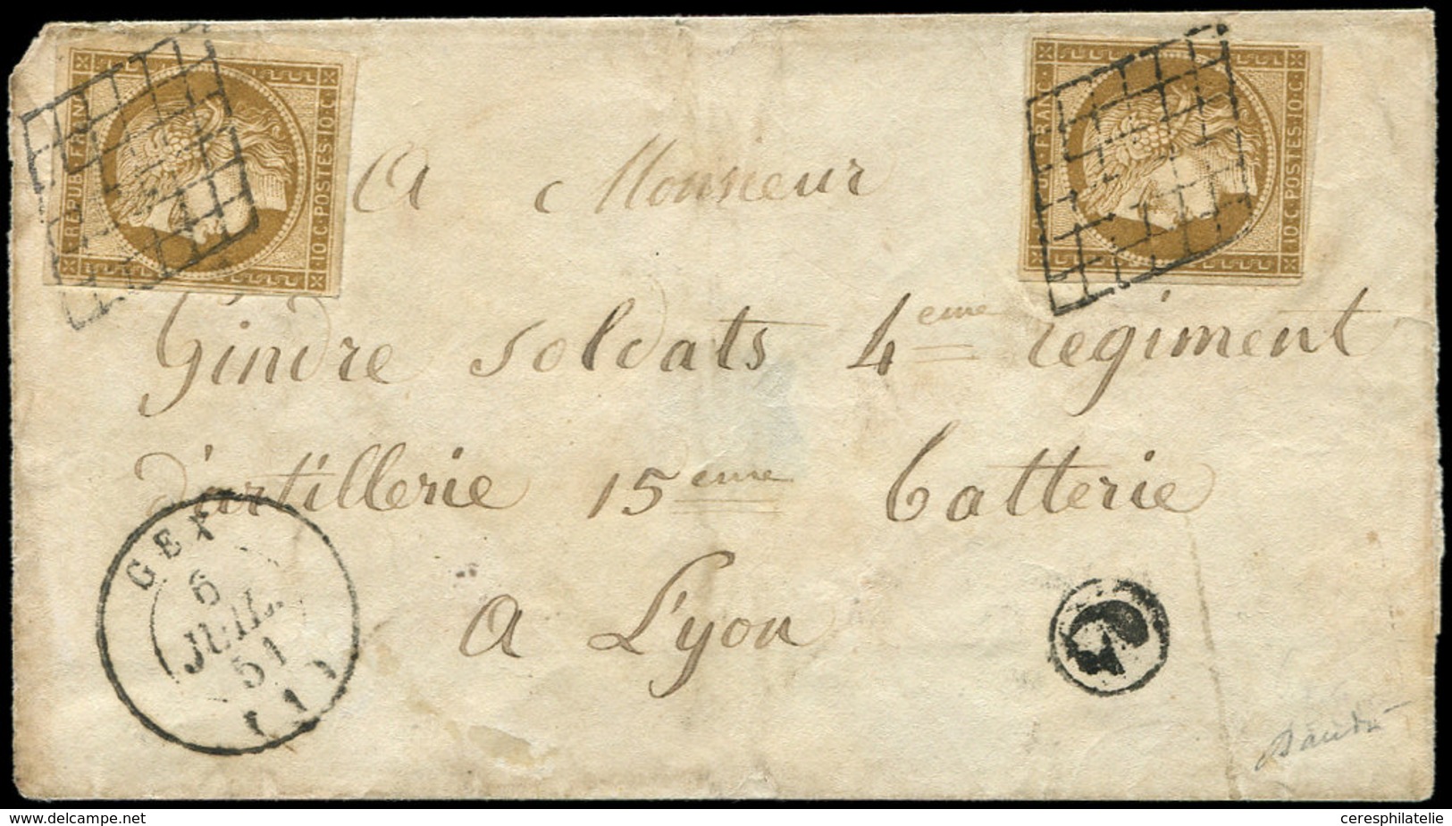 Let EMISSION DE 1849 - 1b   10c. Bistre-VERDATRE (2), Jolie Nuance, Obl. GRILLE S. LSC, Càd T15 GEX 6/7/51 Et Boite G, T - 1849-1850 Cérès