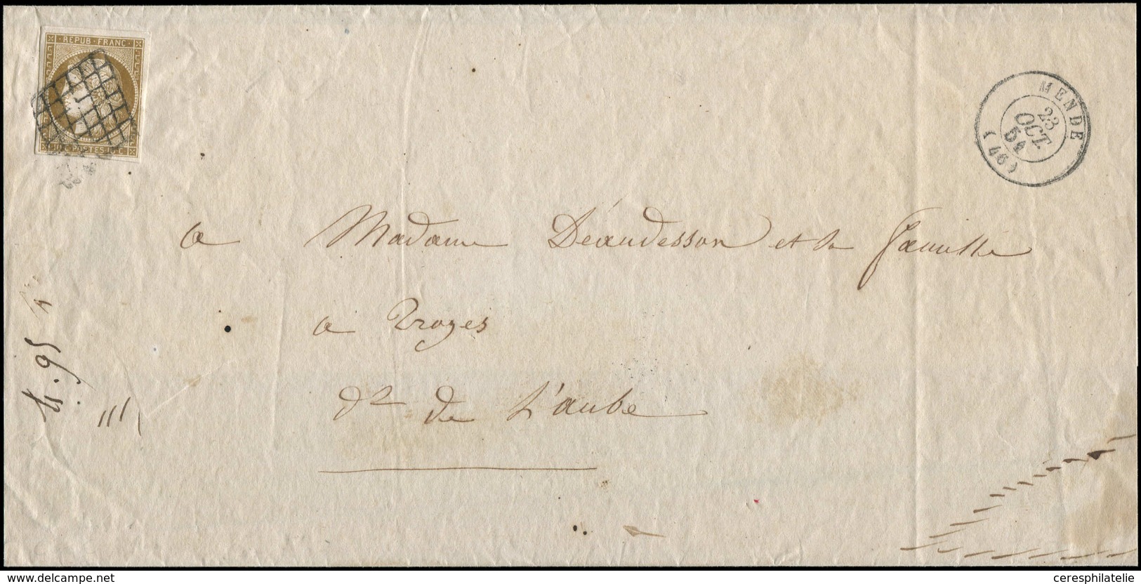 Let EMISSION DE 1849 - 1c   10c. Bistre-VERDATRE FONCE, Obl. GRILLE S. LSC, Càd T15 MENDE 23/10/51, Très Jolie Nuance, T - 1849-1850 Cérès