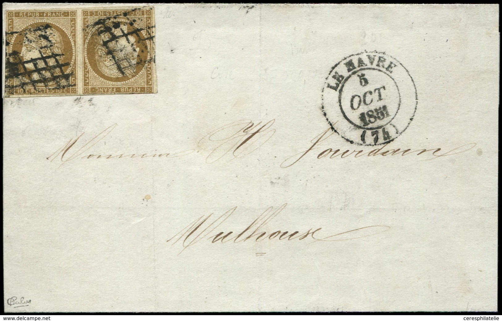 Let EMISSION DE 1849 - T1e  10c. Bistre-VERDATRE, TETE BECHE Obl. GRILLE S. LSC, Càd T14 LE HAVRE 5/10/51, Le Long Du Fi - 1849-1850 Ceres