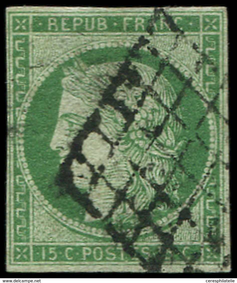 EMISSION DE 1849 - 2    15c. Vert, Obl. GRILLE, Petites Marges, Filets Intacts, TB. Br - 1849-1850 Cérès