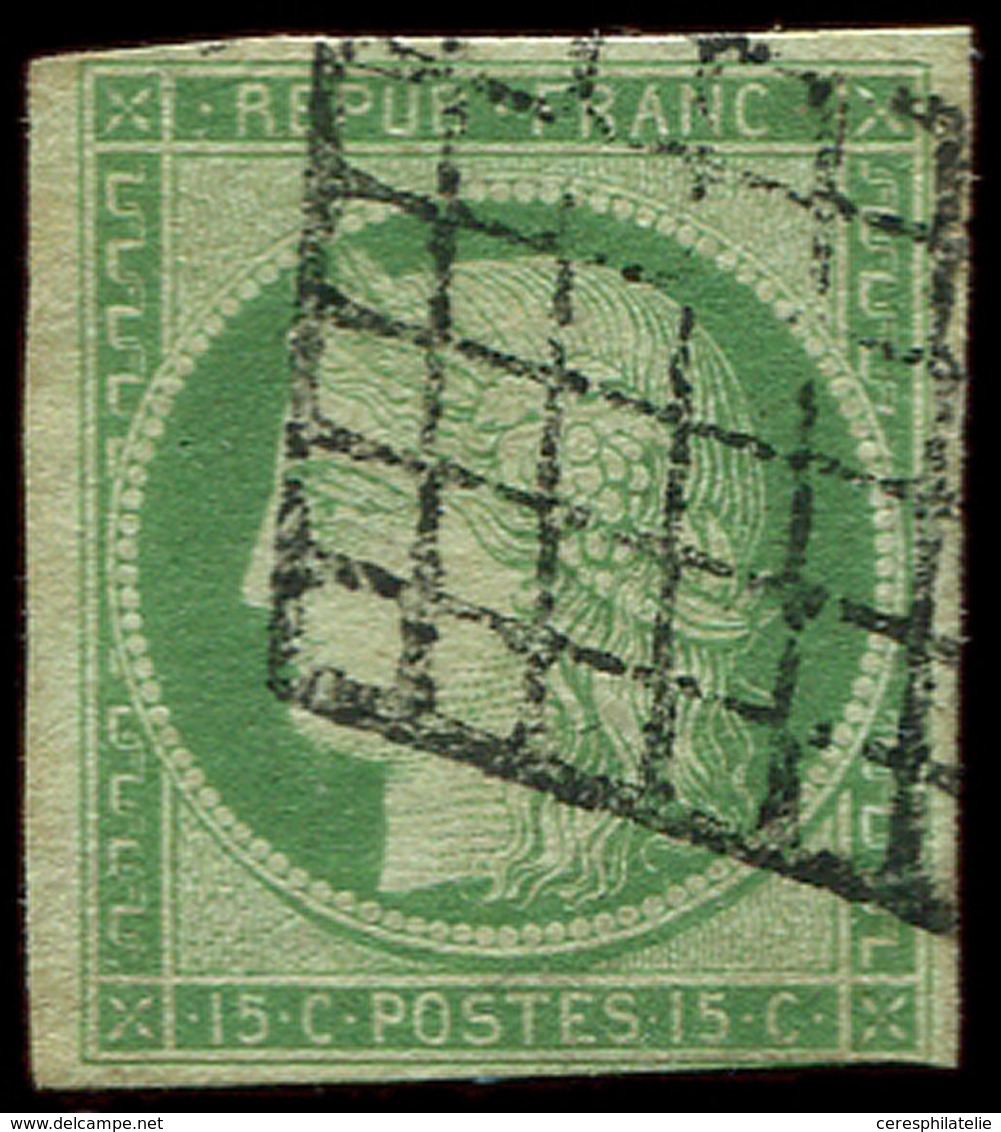 EMISSION DE 1849 - 2    15c. Vert, Obl. GRILLE, Filet Touché Dans Un Angle, B/TB - 1849-1850 Cérès