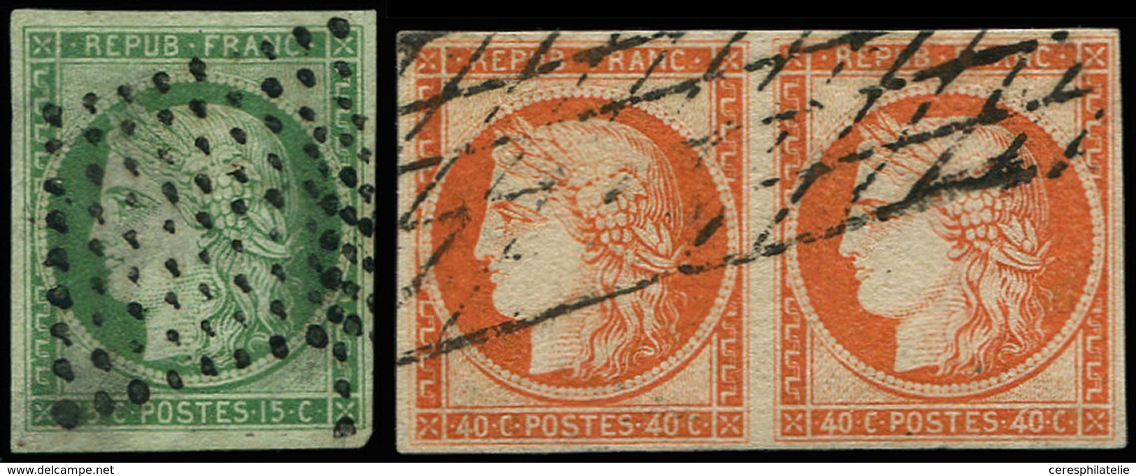 EMISSION DE 1849 - 2    15c. Vert, Obl. Losange De Points Et N°5 40c. Orange PAIRE Obl. GRILLE SANS FIN, TB - 1849-1850 Cérès