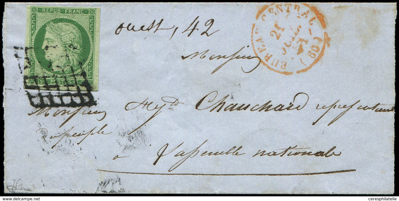 Let EMISSION DE 1849 - 2    15c. Vert, Obl. GRILLE S. LSC, Càd Rouge BUREAU CENTRAL 21/7/51, TB - 1849-1850 Ceres