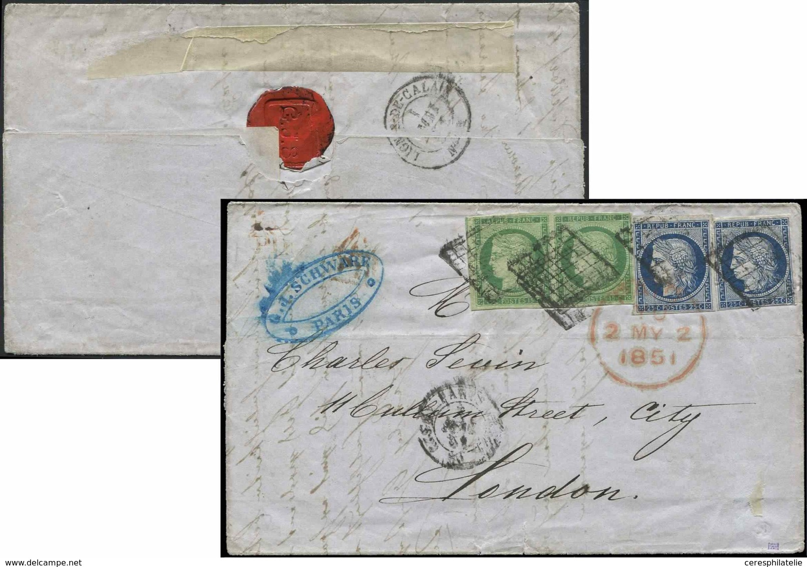 Let EMISSION DE 1849 - 2 Et 4, 15c. Vert En PAIRE Et 25c. Bleu (2), Obl. GRILLE S. LAC, Càd PARIS 1/5/51, Arr. LONDON 2/ - 1849-1850 Cérès