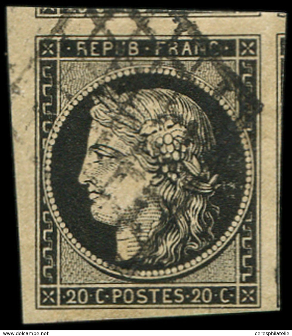 EMISSION DE 1849 - 3    20c. Noir Sur Jaune, Obl. GRILLE, Grandes Marges, Amorce De 2 Voisins, Superbe - 1849-1850 Cérès