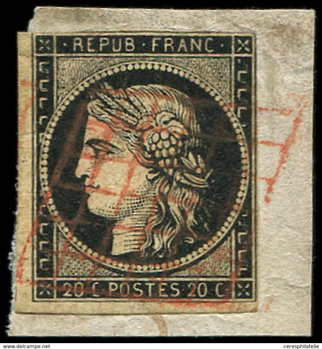 EMISSION DE 1849 - 3    20c. Noir Sur Jaune, Filet Sup. Touché, Obl. GRILLE ROUGE S. Fragt, Frappe TTB - 1849-1850 Ceres