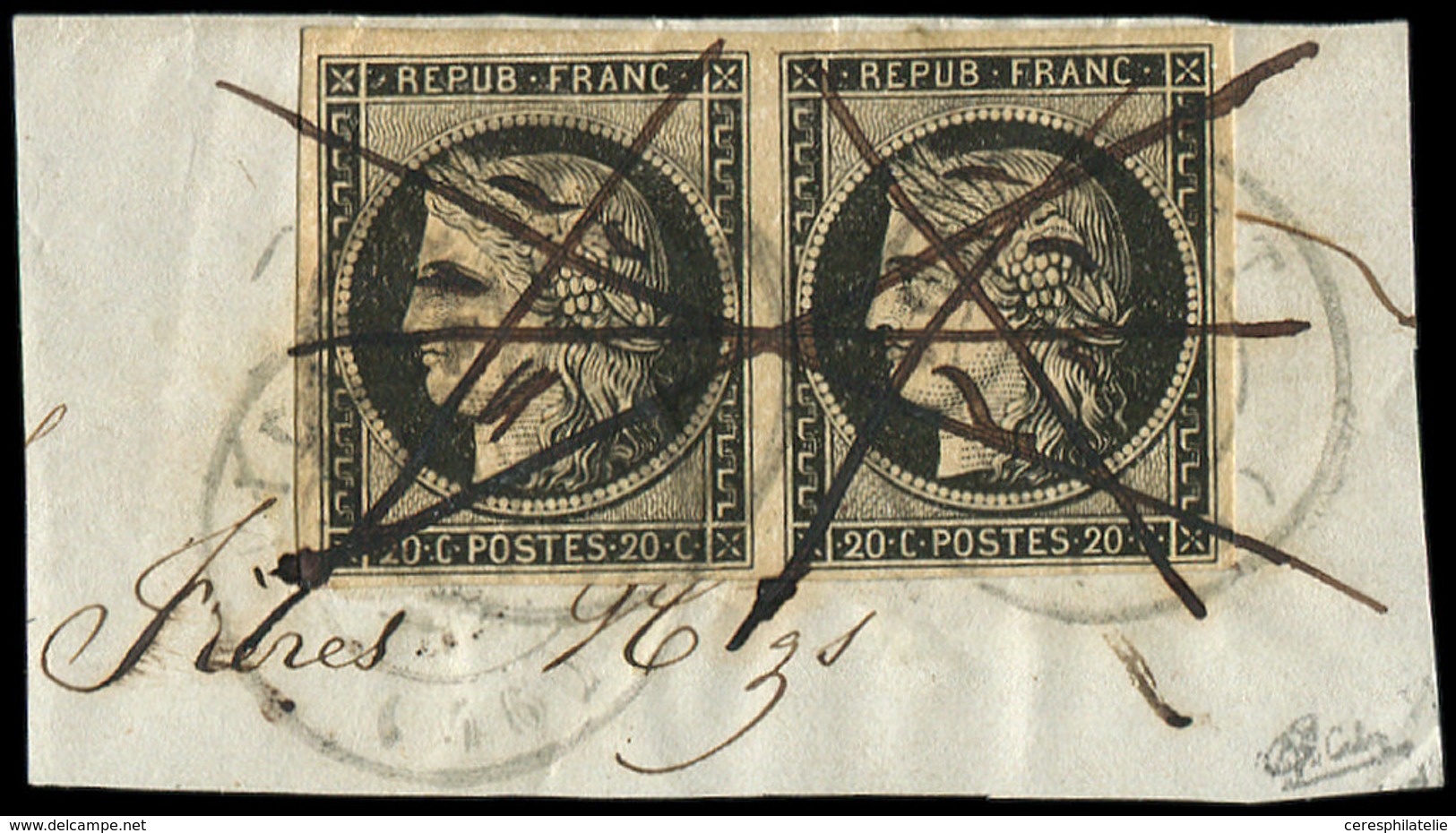 EMISSION DE 1849 - 3    20c. Noir Sur Jaune, PAIRE Obl. Càd T15 VILLEFORT JANV 49 Et Plume S. Fragt, TB. C - 1849-1850 Ceres