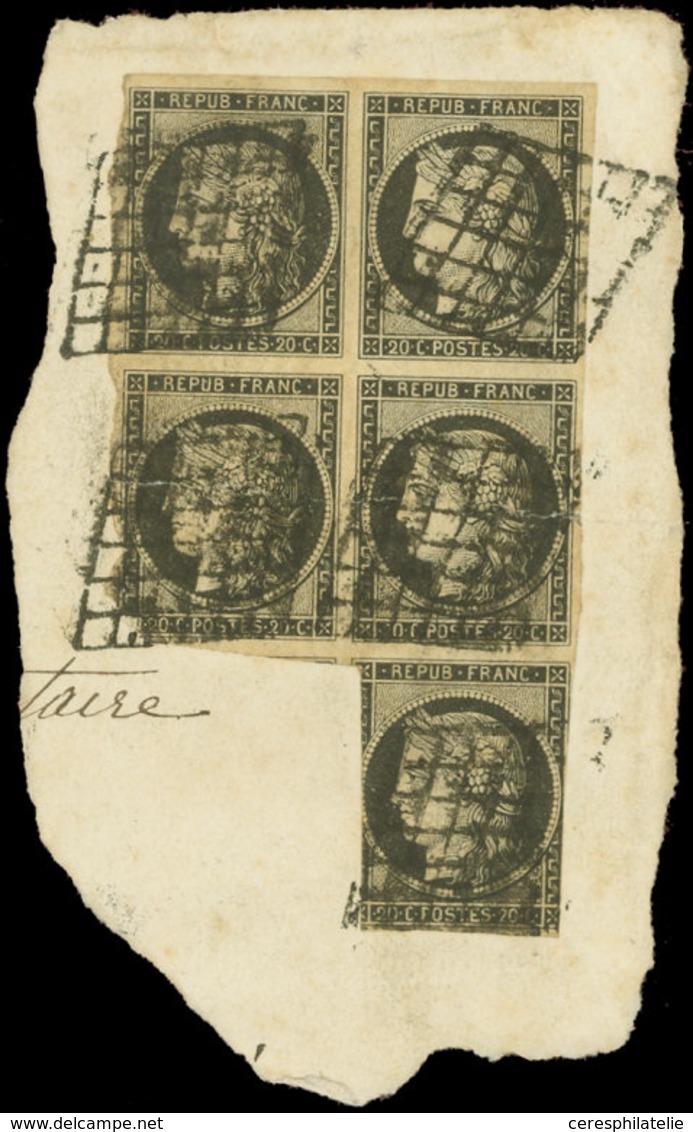 EMISSION DE 1849 - 3    20c. Noir Sur Jaune, BLOC De 5, 2 Timbres Défx Et Pli Horiz., Obl. GRILLE S. Fragt, Les Blocs De - 1849-1850 Ceres