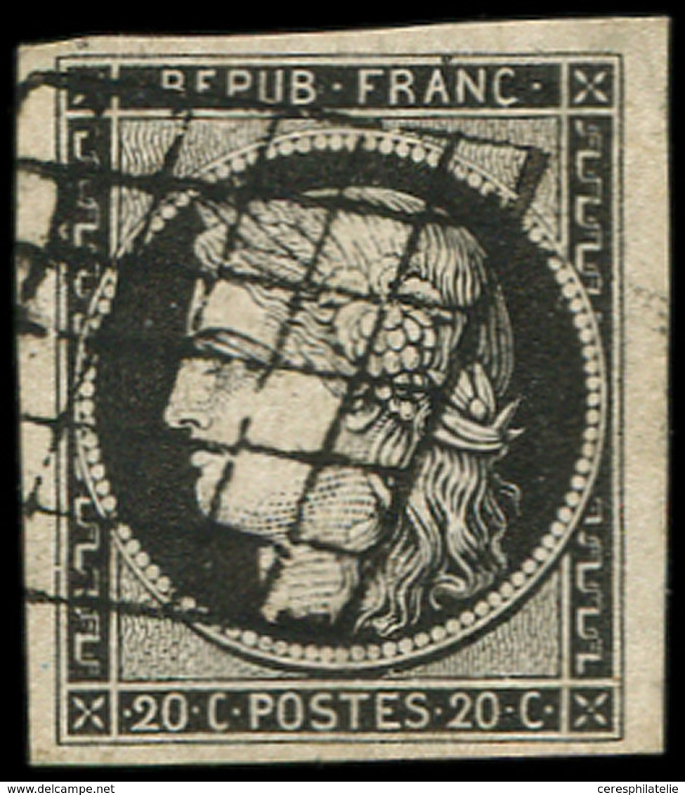 EMISSION DE 1849 - 3a   20c. Noir Sur Blanc, Oblitéré GRILLE, Belles Marges, TTB - 1849-1850 Cérès