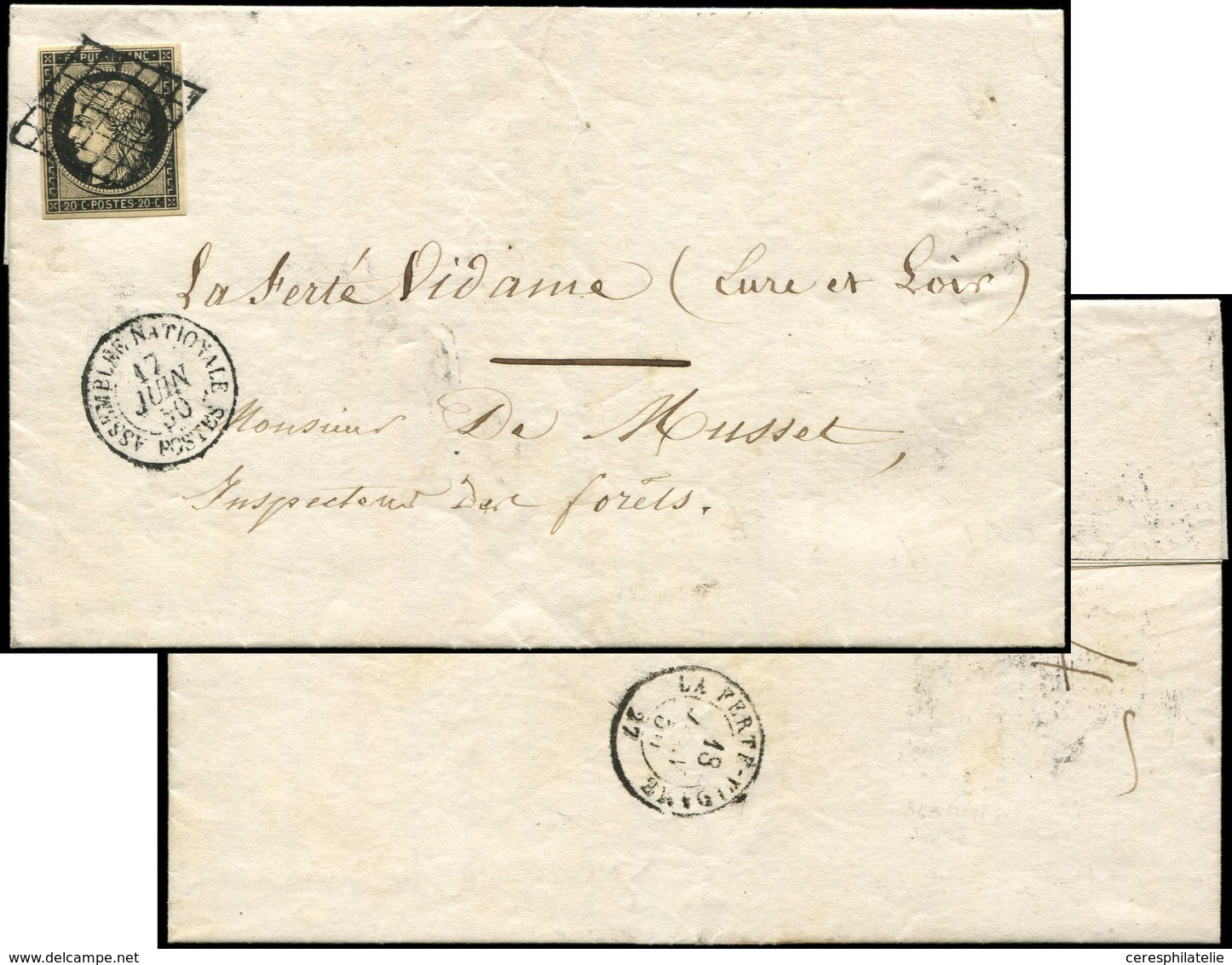 Let EMISSION DE 1849 - 3    20c. Noir Sur Jaune, Obl. GRILLE S. LAC, Càd ASSEMBLEE NATIONALE 17/6/50, Superbe - 1849-1850 Ceres