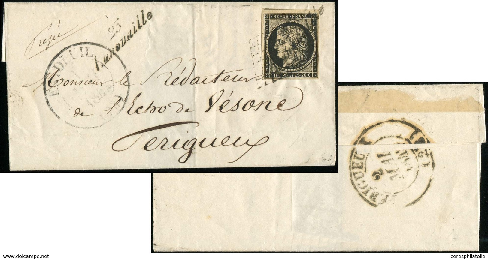 Let EMISSION DE 1849 - 3    20c. Noir Sur Jaune, Obl. GRILLE Et Cursive 25/LANOUAILLE S. LSC, Càd T13 EXIDEUIL 1/5/49 Et - 1849-1850 Ceres