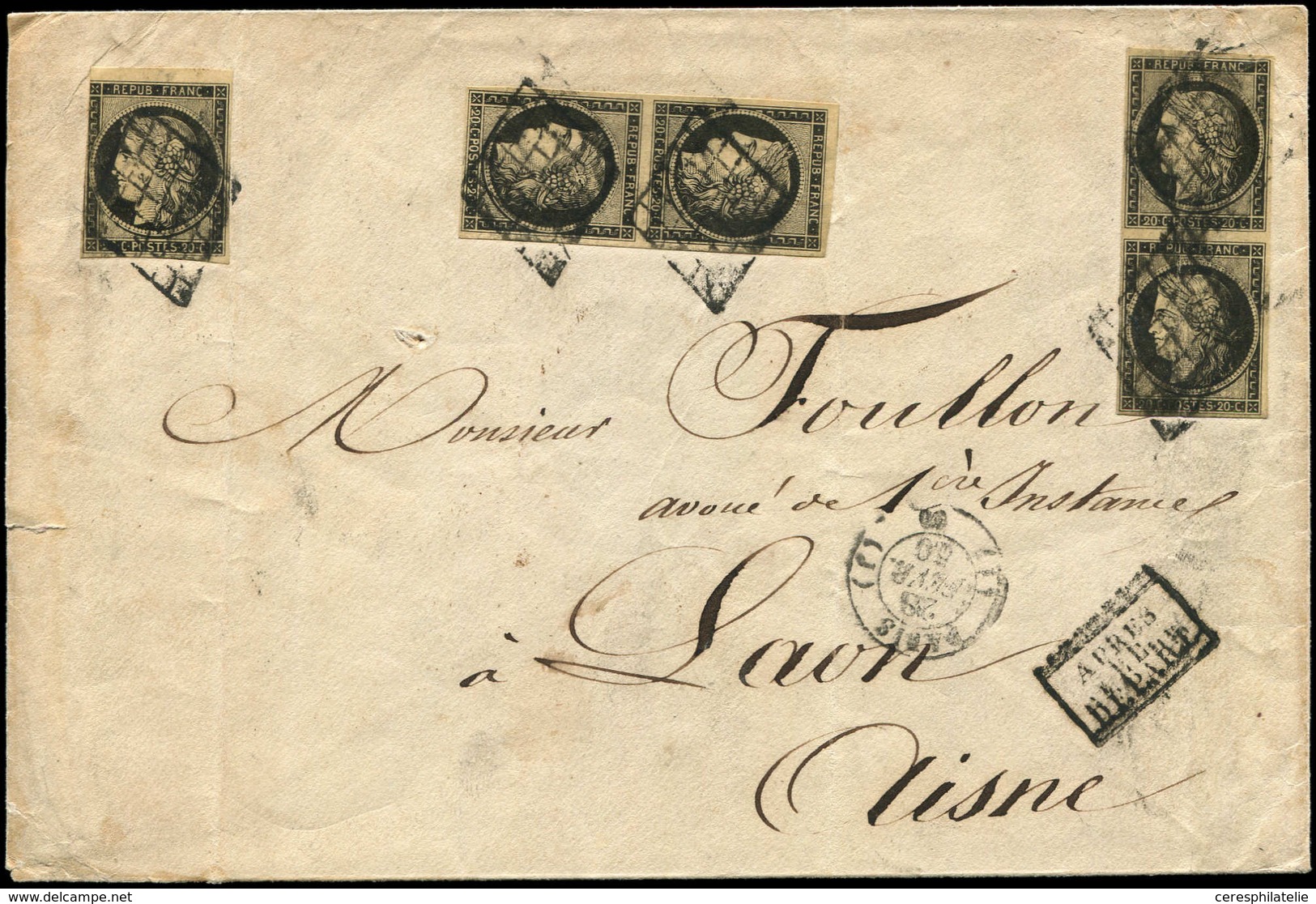 Let EMISSION DE 1849 - 3    20c. Noir Sur Jaune, 2 PAIRES + 1 Ex. Obl. GRILLE S. Env., Càd (J) PARIS (J) 28/2/50, 3 T. A - 1849-1850 Cérès