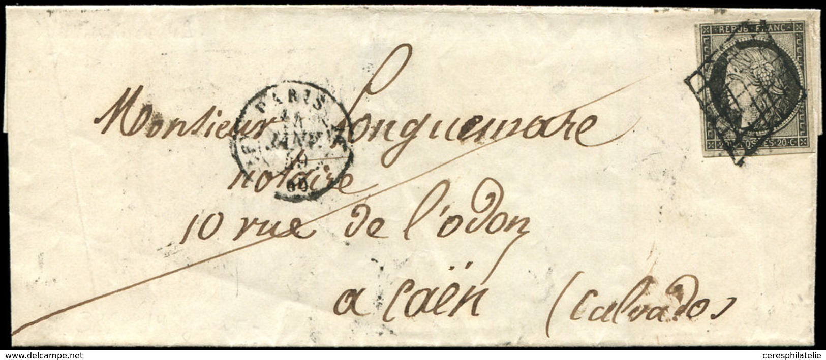 Let EMISSION DE 1849 - 3a   20c. Noir Sur Blanc, Obl. GRILLE S. LAC, Càd PARIS 14 JANV 49, TTB - 1849-1850 Cérès