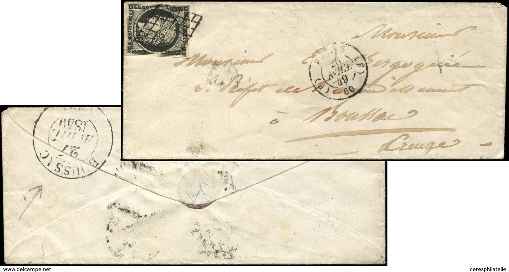 Let EMISSION DE 1849 - 3a   20c. Noir Sur Blanc, Obl. GRILLE S. Env., Càd (F) PARIS (F) 26/4/49, Arr. Càd T13 BOUSSAC, T - 1849-1850 Ceres