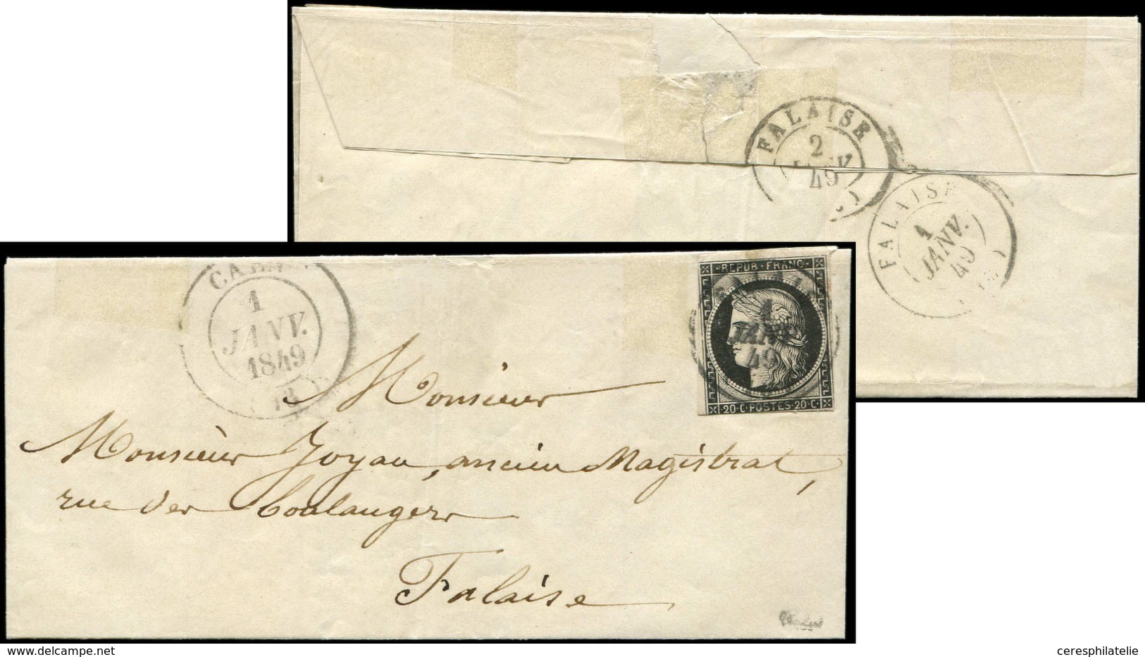Let EMISSION DE 1849 - 3a   20c. Noir Sur Blanc, Entamé En Bas Et Effl. En Haut à G., Obl. Càd T15 FALAISE 1 JANV 49 S.  - 1849-1850 Ceres