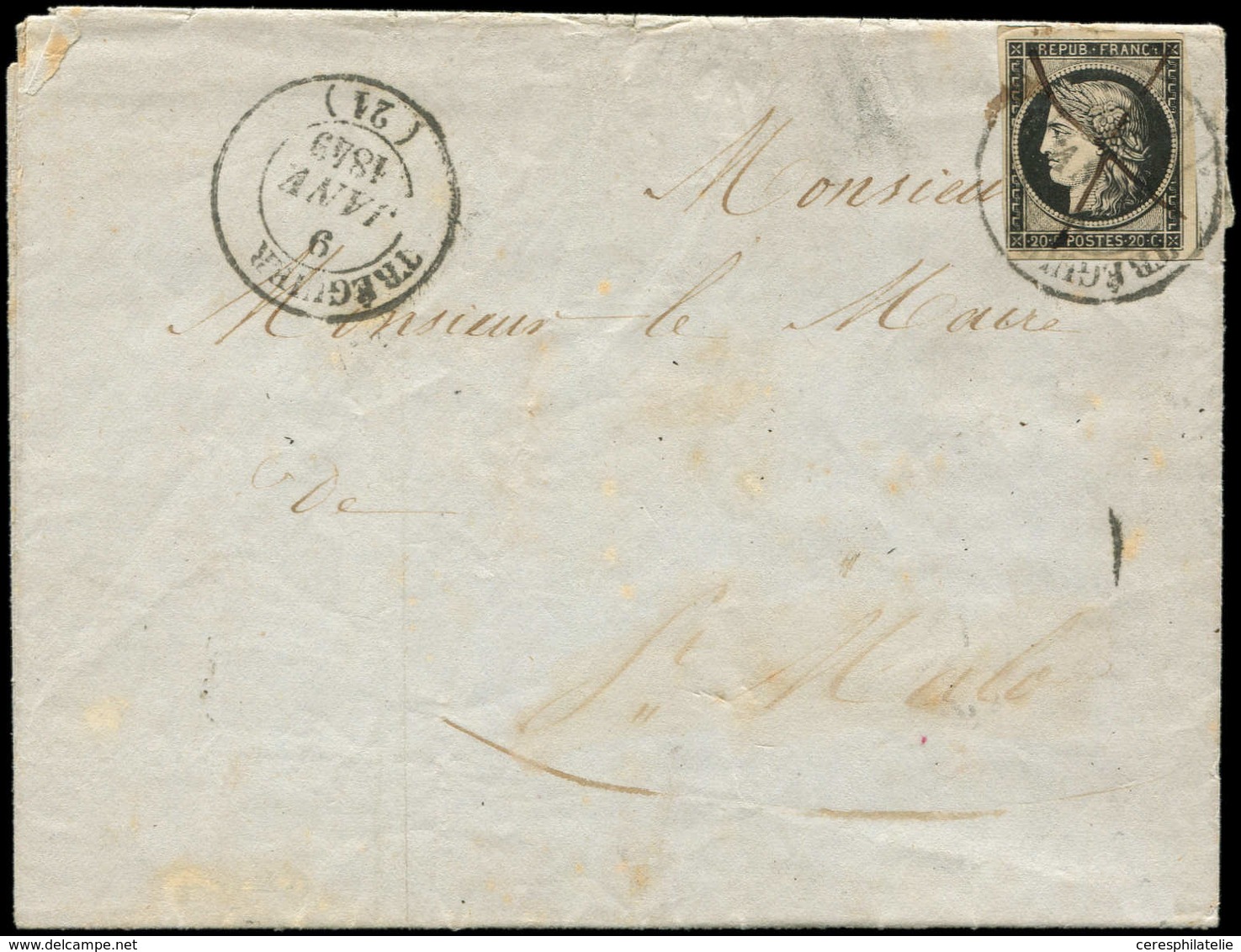 Let EMISSION DE 1849 - 3a   20c. Noir Sur Blanc, Obl. Plume Et Càd T14 TREGUIER 9/1/49 Sur LAC, Timbre Au Filet Dans Un  - 1849-1850 Ceres