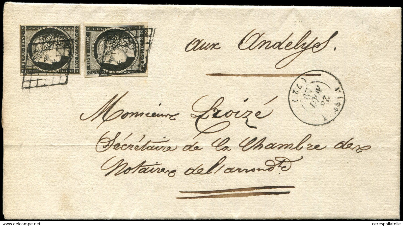 Let EMISSION DE 1849 - 3a   20c. Noir Sur Blanc, 2 Ex. Obl. GRILLE S. LAC, Càd T15 MANTES 23/8/49, TTB - 1849-1850 Cérès