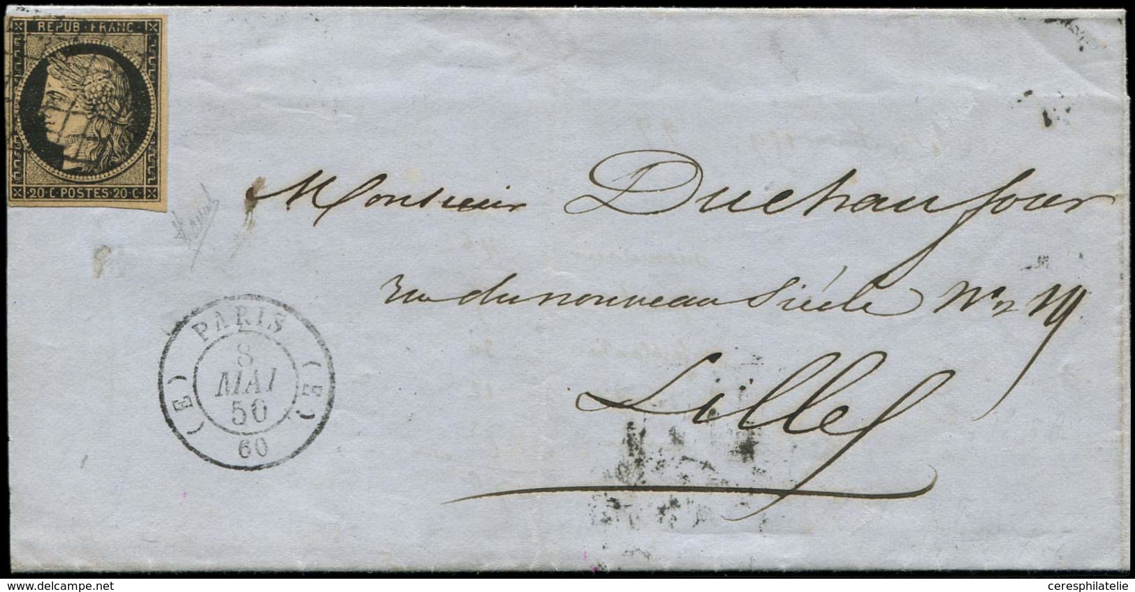 Let EMISSION DE 1849 - 3b   20c. Noir Sur CHAMOIS, Obl. GRILLE S. LAC, Càd (E) PARIS (E) 8/5/50, Superbe - 1849-1850 Cérès