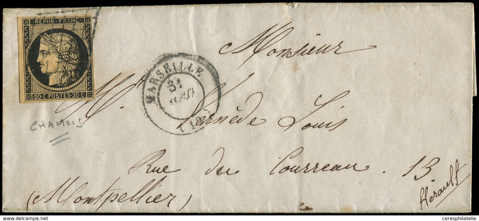 Let EMISSION DE 1849 - 3b   20c. Noir Sur CHAMOIS, Obl. GRILLE S. LSC, Càd T15 MARSEILLE 31/8/(49), TB - 1849-1850 Cérès