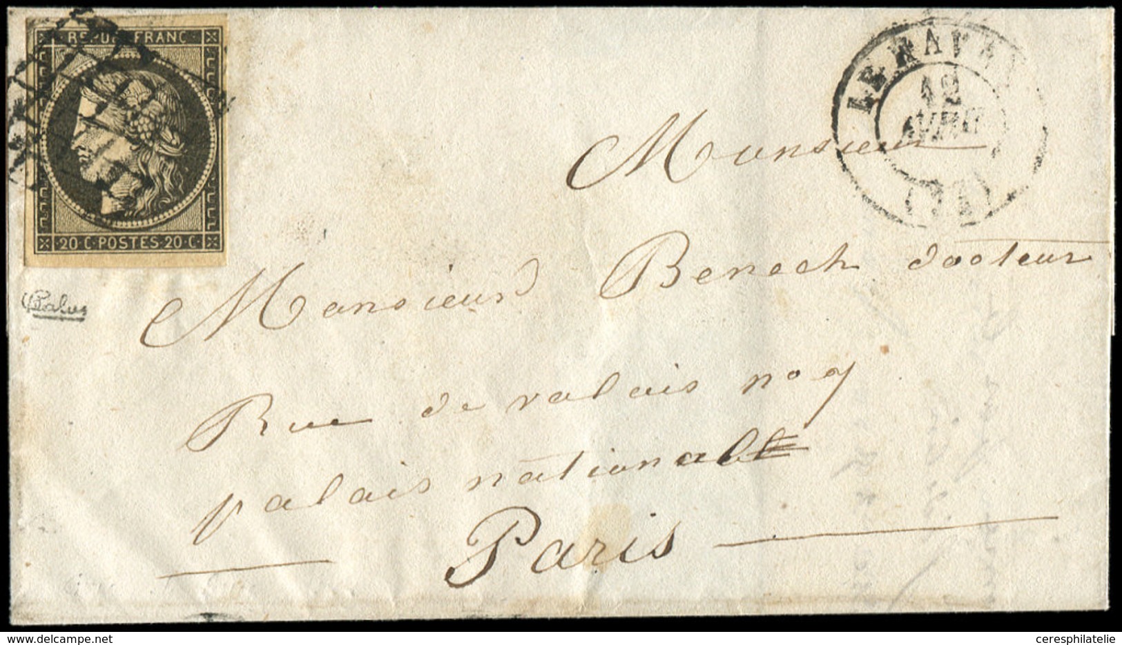 Let EMISSION DE 1849 - 3c   20c. GRIS-NOIR, Obl. GRILLE S. LSC, Càd T15 LE HAVRE 12/4/49, TB, Cote Maury - 1849-1850 Cérès