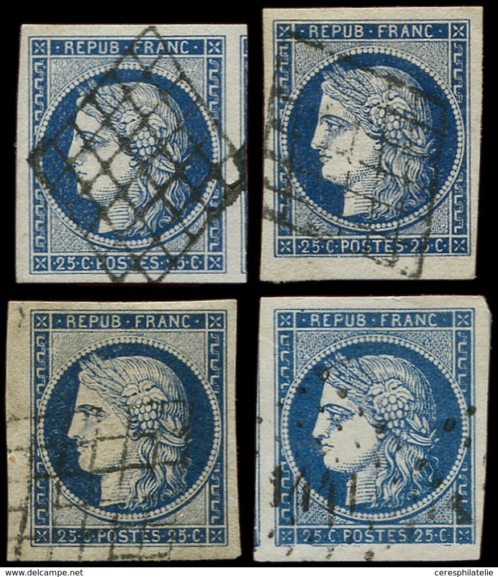 EMISSION DE 1849 - 4    25c. Bleu, 4 Ex. Nuances Diverses, Exemplaires Choisis, TTB/Superbe - 1849-1850 Ceres