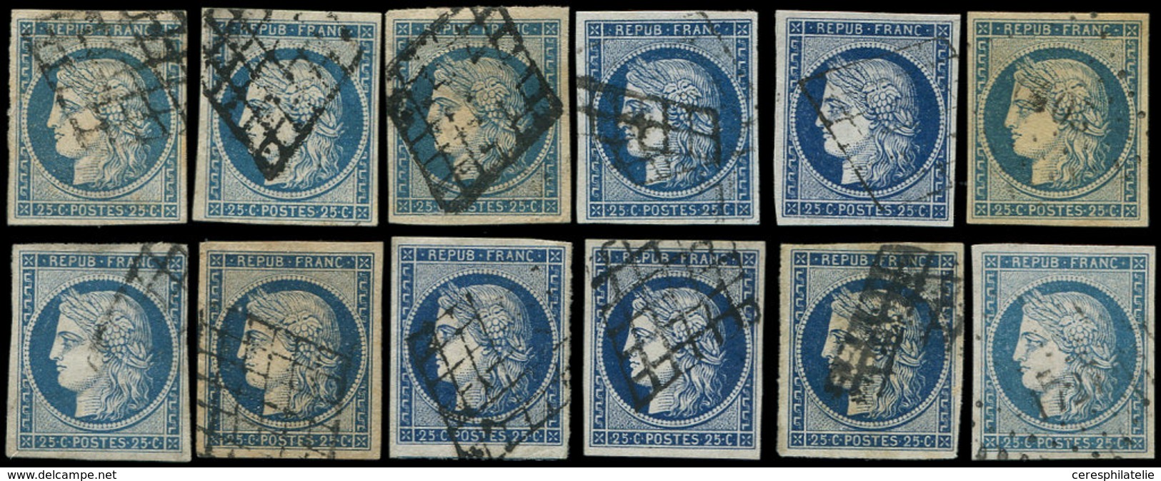 EMISSION DE 1849 - 4    25c. Bleu, 12 Ex. Obl. GRILLE, Nuances Diverses, Ex. Choisis, TB/TTB - 1849-1850 Ceres