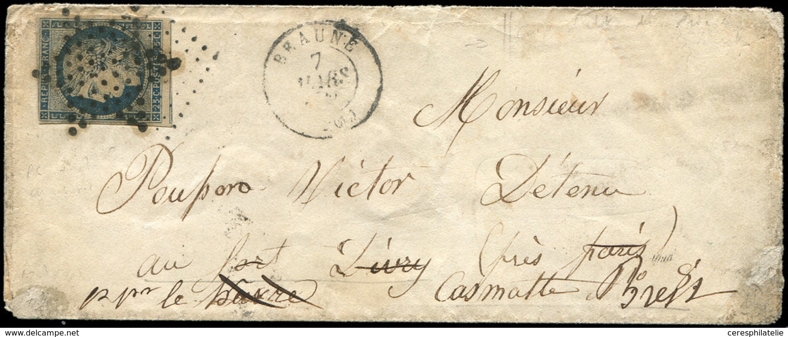 Let EMISSION DE 1849 - 4    25c. Bleu Défx Obl. Etoile Sur Env., Càd BEAUNE 7/3/52 Pour Le FORT D'EVRY, Réexp. Au Havre  - 1849-1850 Ceres