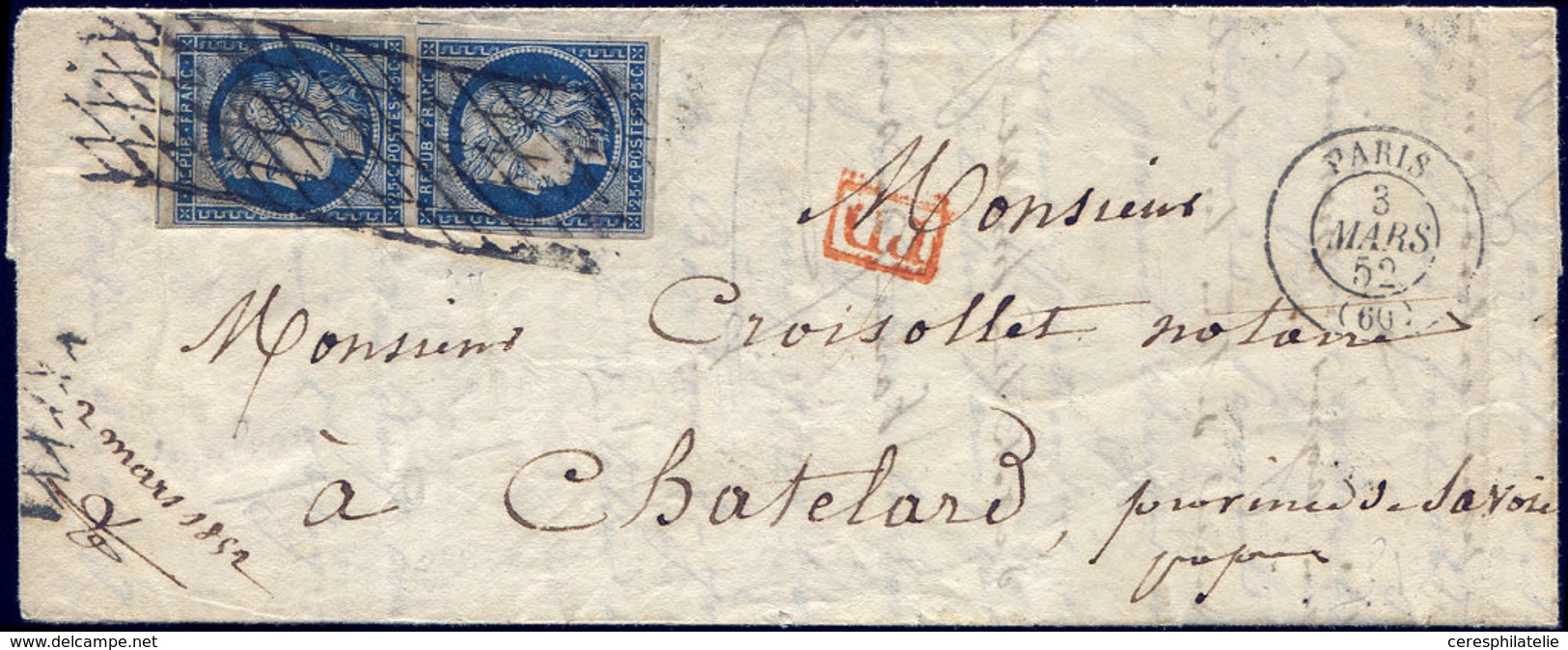 Let EMISSION DE 1849 - 4    25c. Bleu, PAIRE Un Ex. Touché, Obl. GRILLE SANS FIN S. LAC, Càd PARIS 3/3/52 Pour CHATELARD - 1849-1850 Ceres