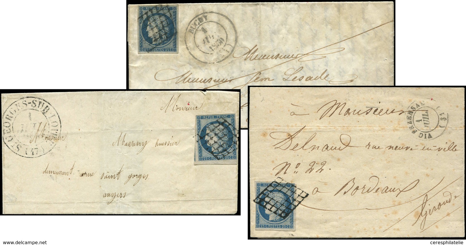 Let EMISSION DE 1849 - 4    25c. Bleu, 3 Ex. Obl. GRILLE S. 1 LAC Et 2 LSC, Càd T13 St GEORGES-SUR-LOIRE, T14 BUCHY Et T - 1849-1850 Cérès