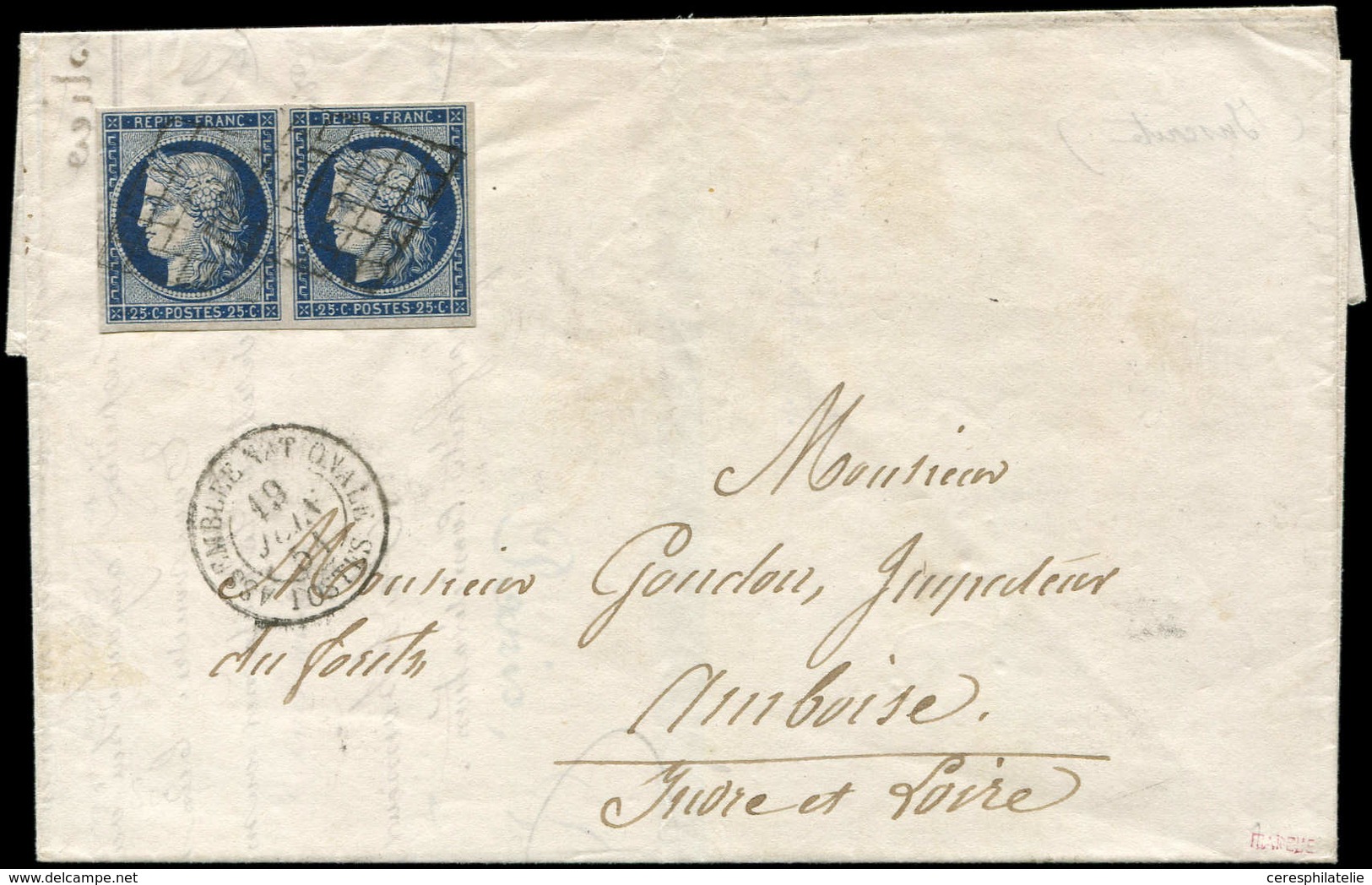 Let EMISSION DE 1849 - 4a   25c. Bleu Foncé, PAIRE Obl. GRILLE S. LAC, Càd T15 ASSEMBLEE NATIONALE/POSTES 19/6/51, TB, C - 1849-1850 Ceres