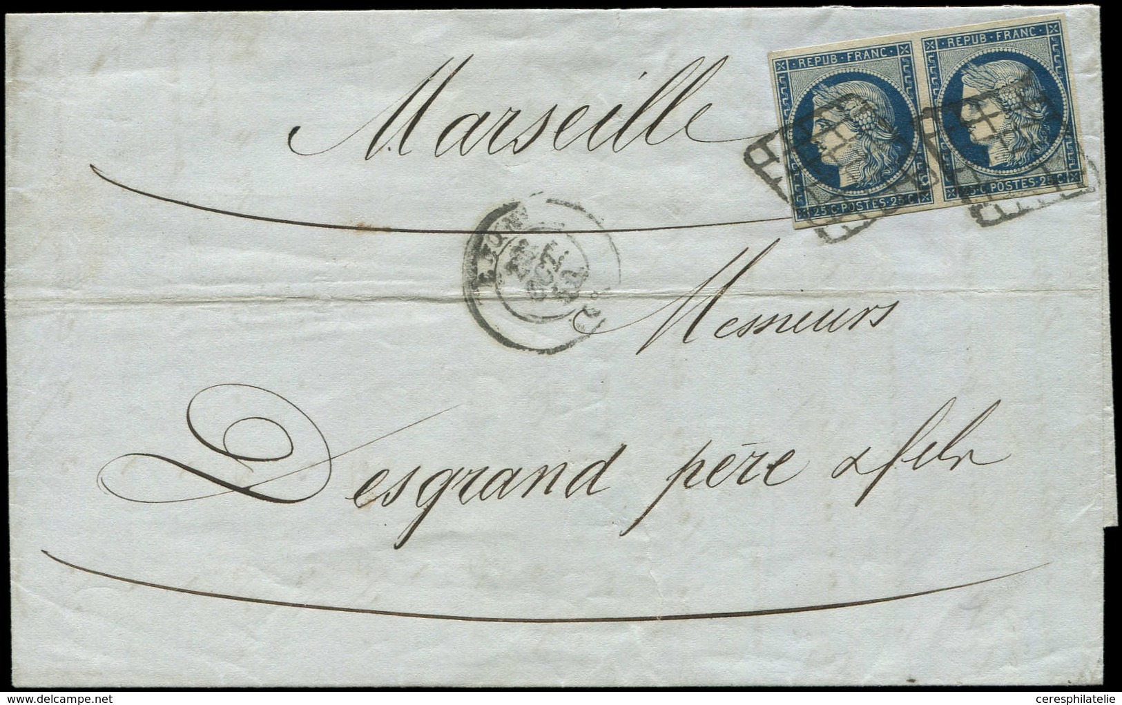 Let EMISSION DE 1849 - 4a   25c. Bleu Foncé, PAIRE Avec Joli ANNEAU LUNE S. 1 Ex. Obl. GRILLE S. LAC De Lyon 28/10/50, T - 1849-1850 Cérès