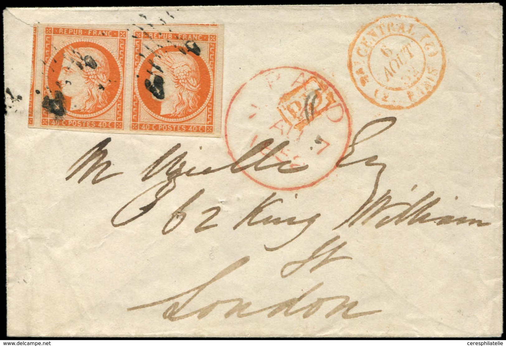 Let EMISSION DE 1849 - 5    40c. Orange, PAIRE Obl. ETOILE S. Env., Càd Rouge (2) Bau CENTRAL (2) PARIS 6/8/52 Et Càd Ro - 1849-1850 Ceres