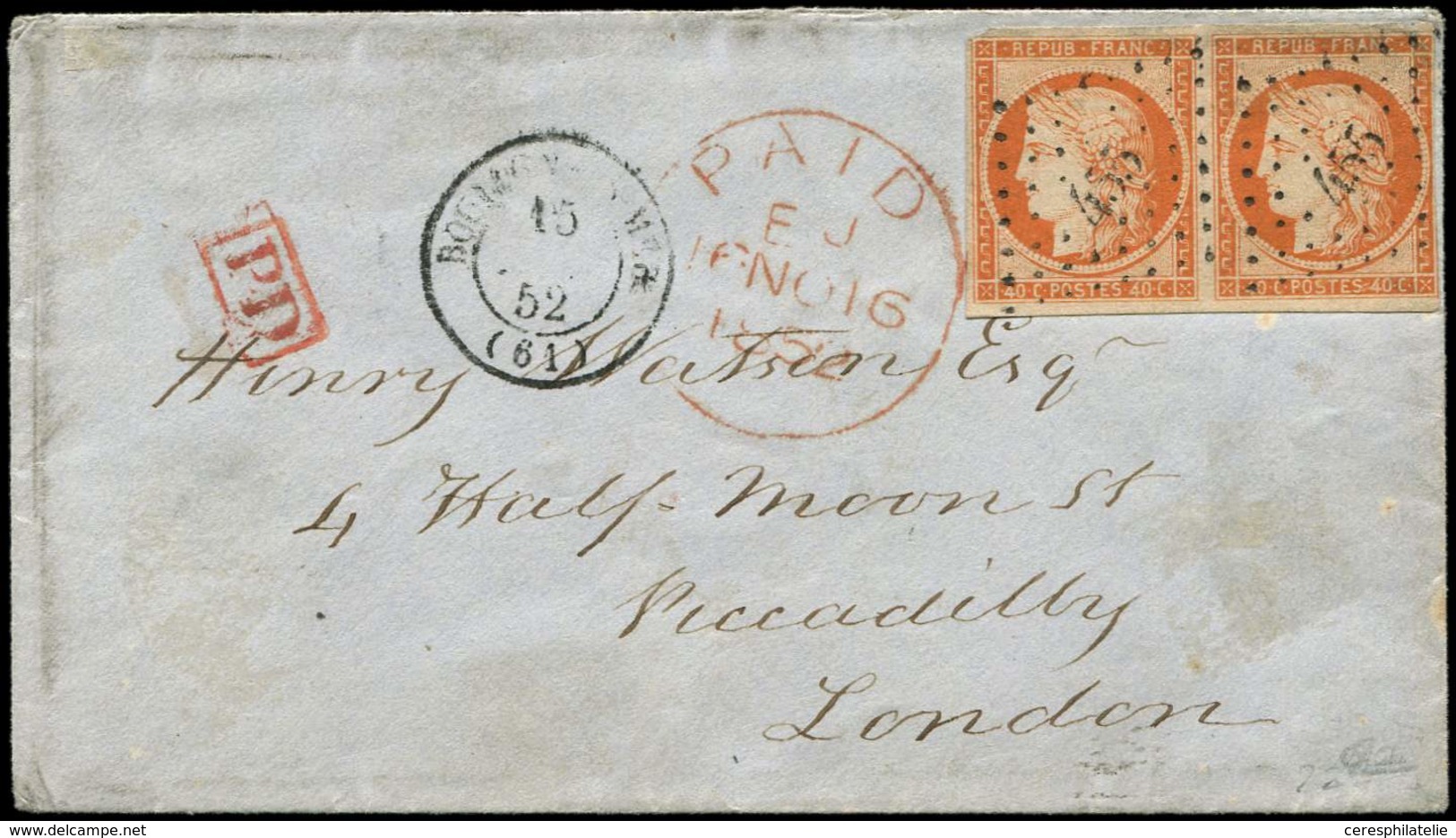 Let EMISSION DE 1849 - 5    40c. Orange, PAIRE Obl. PC 455 S. Env., Càd T15 BOULOGNE-S-MER 15/(11)/52, Arr. LONDON 16/11 - 1849-1850 Cérès