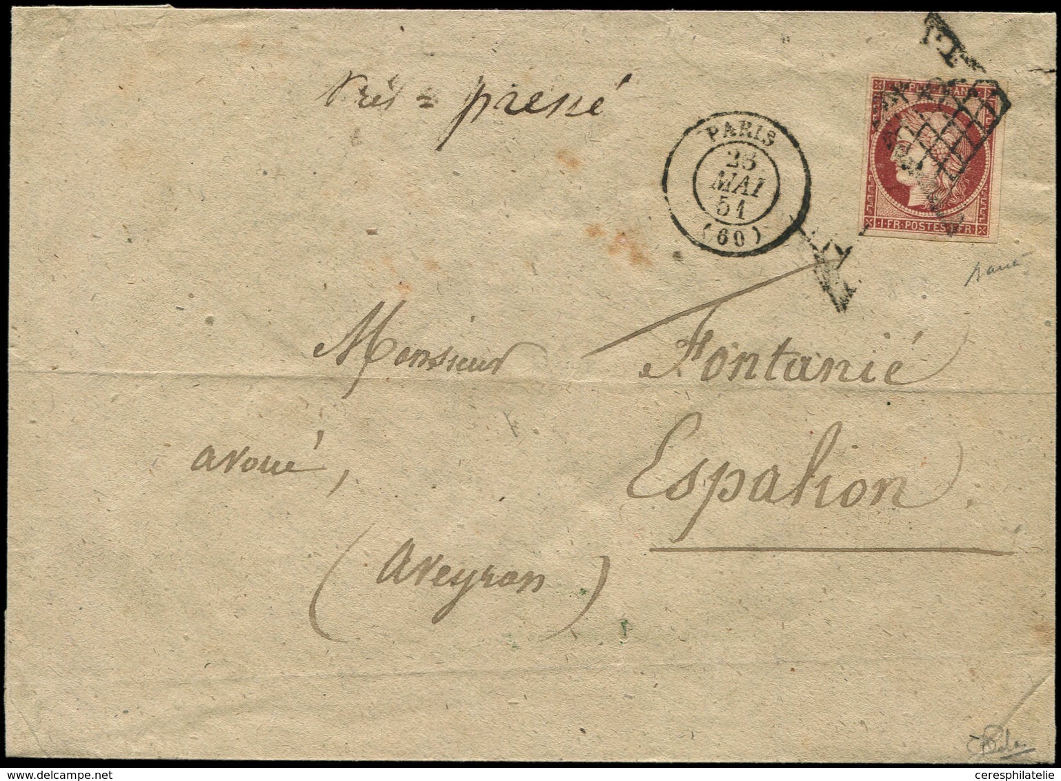 Let EMISSION DE 1849 - 6     1f. Carmin, Obl. GRILLE S. Env., Càd T15 PARIS 28/5/51, TB. C - 1849-1850 Cérès