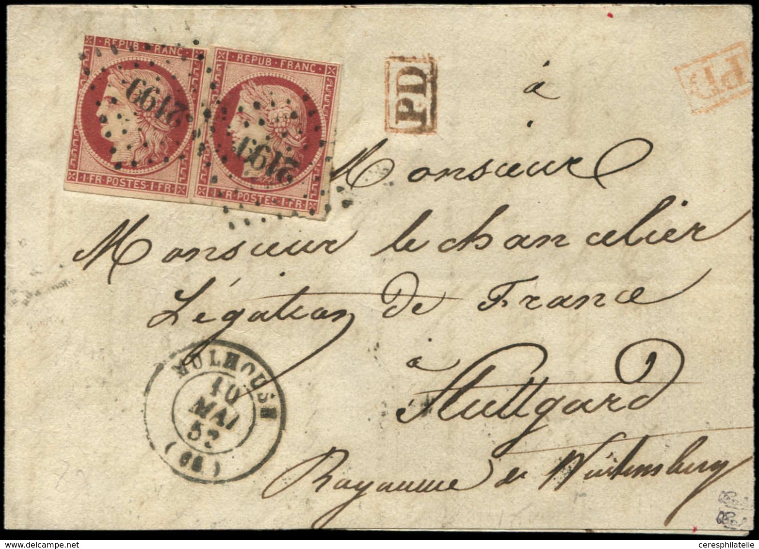 Let EMISSION DE 1849 - 6     1f. Carmin (2 Dont 1 Touché) Obl. PC 2199 S. LSC Incomplète, Càd T15 MULHOUSE 10/5/52 Pour  - 1849-1850 Cérès