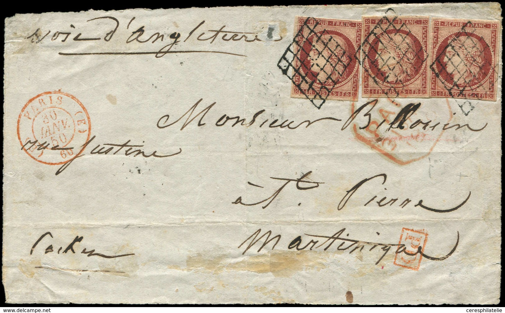 Let EMISSION DE 1849 - 6     1f. Carmin, 3 Ex. Dont 1 Touché Obl. GRILLE S. DL, Càd Rouge (E) PARIS (E) 30/1/50 Pour St  - 1849-1850 Ceres