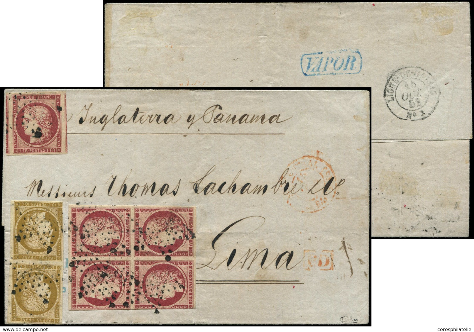 Let EMISSION DE 1849 - 6     1f. Carmin, BLOC De 4 Touché + 1 Ex. Superbe, N°1b 10c. Bistre-VERDATRE PAIRE Touchée, Tous - 1849-1850 Ceres